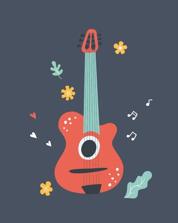 Hand drawn illustration with acoustic guitar. Print for music festival or t-shirt. Vector concept in flat and cartoon styleのイラスト素材