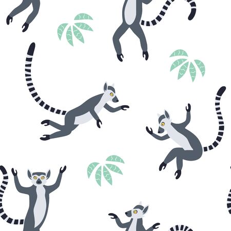 Exotic Madagascan lemurs with long striped tails. Hand drawn vector seamless pattern. Cute animals isolated on the white textured backgroundのイラスト素材