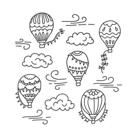 Hot air balloon and clouds. Vector hand drawn doodle illustration isolated on white backgroundのイラスト素材