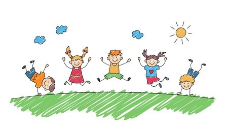 Happy children jump together in summer park. Funny jumping kids. Children drawing painted with markers. Doodle hand drawn vector illustrationのイラスト素材