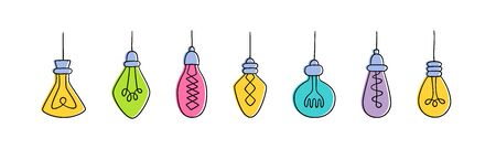 Hand drawn vector set of Light Bulbs. Collection of different color loft lamps in doodle style. Isolated objects on white backgroundのイラスト素材