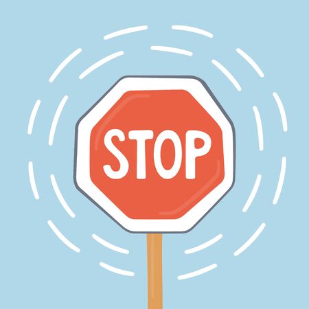 Stop red road sign on blue background. Stop action symbol. Hand drawn vector illustration in flat styleのイラスト素材