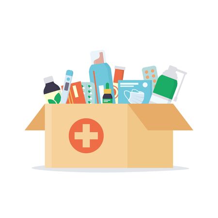 Open cardboard box with a set of drugs, pills and bottles inside. Home delivery pharmacy service. Illustration in flat style n white backgroundのイラスト素材