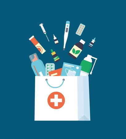 Medicines, drugs, pills and bottles falling down into paper shopping bag. Home delivery pharmacy service. Vector illustration in flat style on white backgroundのイラスト素材