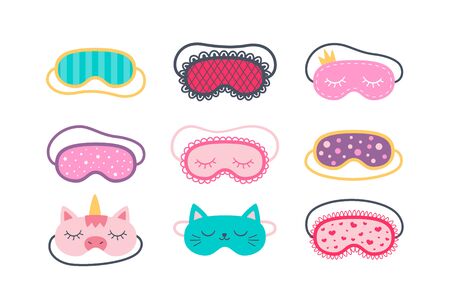 Set of sleep masks for eyes. Night accessory to healthy sleep, travel and recreation. Isolated vector illustrations on white backgroundのイラスト素材
