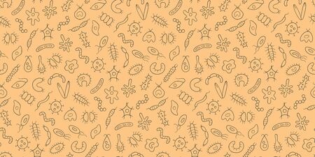 Germs, virus, bacterias and pathogen. Microbes and protozoa. Seamless vector pattern in linear styleのイラスト素材