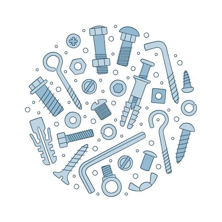 Set of fasteners in circle. Bolts, screws, nuts, dowels and rivets in doodle style. Hand drawn building material. Color vector illustration on white backgroundのイラスト素材