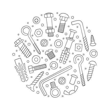Set of fasteners in circle. Bolts, screws, nuts, dowels and rivets in doodle style. Hand drawn building material. Vector illustration on white backgroundのイラスト素材