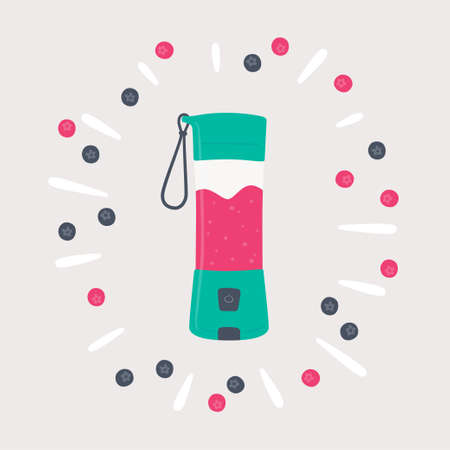 Portable blender for smoothies and mixed drink. Preparing a berry cocktail. Hand drawn vector illustrationのイラスト素材