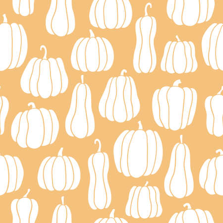 Pumpkin seamless pattern. White pumpkins of different shapes. Hand drawn vector illustration on orange backgroundのイラスト素材