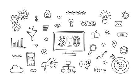 Seo technology and web traffic optimization. Hand drawn seo icons collection. Vector illustration in doodle style on white backgroundのイラスト素材