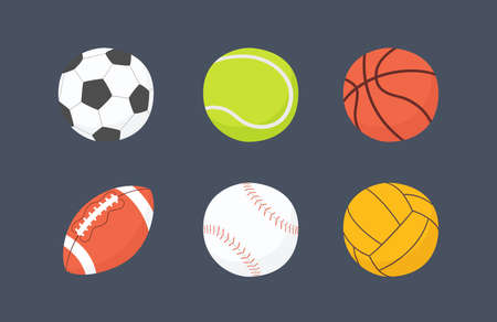 Football, basketball, baseball, tennis, volleyball, water polo balls. Hand drawn vector illustration in cartoon and flat style on dark backgroundのイラスト素材