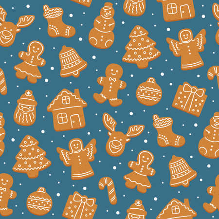 Seamless pattern of gingerbread cookies for Christmas. Gingerbread house, man, angel, reindeer, christmas tree. Vector illustration on dark backgroundのイラスト素材