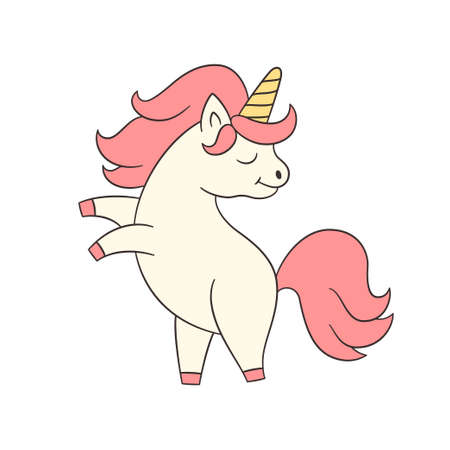 Cute unicorn stands on its hind legs. Hand drawn fairy horse with a horn. Isolated vector illustration in doodle style on white backgroundのイラスト素材