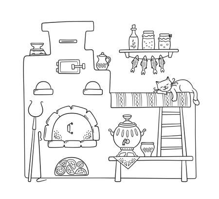 Traditional old Russian stove with bench, samovar, grip, pots, jug and sleep cat. Vector hand drawn illustration of symbol of Russian cultureのイラスト素材