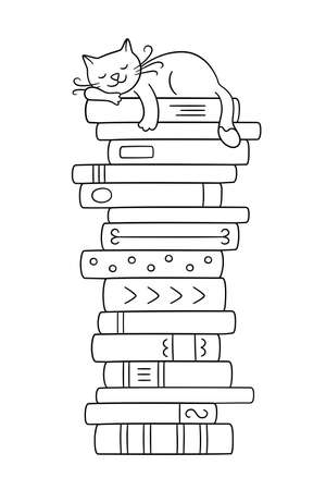 A stack of books with a sleeping cat. Cute kitty sleeping on books pile. Vector illustration in doodle style on white backgroundのイラスト素材