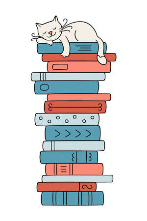 A stack of books with a sleeping cat. Cute kitty sleeping on books pile. Vector illustration in doodle style on white backgroundのイラスト素材
