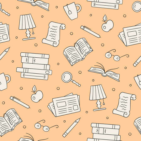 Library seamless pattern. Paper books, newspaper, glasses, magnifier in doodle style. Hand drawn vector illustration.のイラスト素材