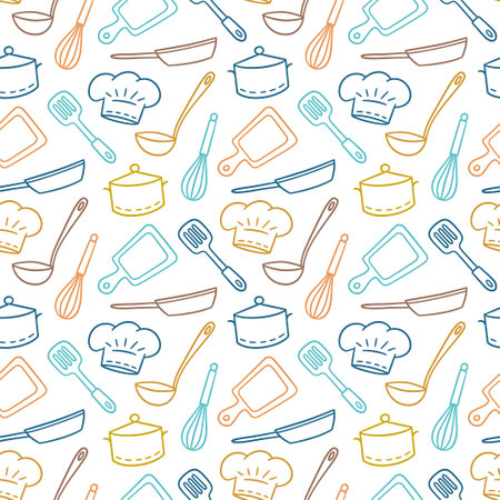 Hand drawn seamless pattern on the theme of chef, kitchen and cook. Vector illustration in doodle style on white backgroundのイラスト素材