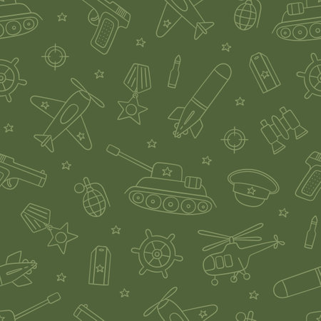 Seamless pattern for Defender of the Fatherland Day 23 february and Victory day 9 may. Hand drawn vector illustration on green backgroundのイラスト素材