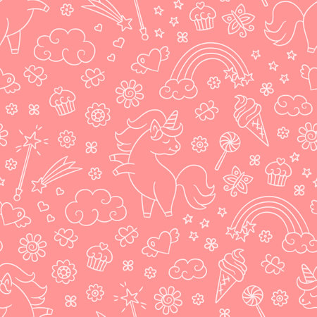 Seamless pattern with unicorn, rainbow and magic wand in doodle style. Hand drawn vector illustration on pink backgroundのイラスト素材