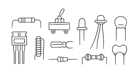 Electrical components. Set of diode, transistor capacitor, resistor, inductor. Hand drawn vector illustrationのイラスト素材
