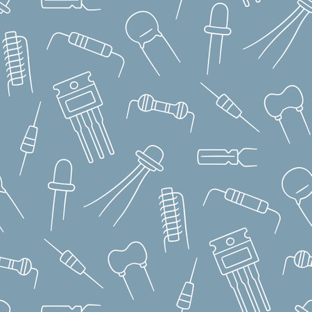 Seamless pattern from electrical components. Diode, transistor capacitor, resistor and inductor. Hand drawn vector illustration on white backgroundのイラスト素材