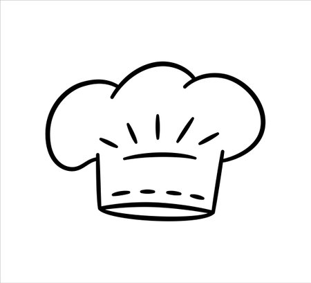 Uniform caps for kitchen staff in doodle style. Classic chef toque and baker hat. Vector hand drawn illustration on white backgroundのイラスト素材