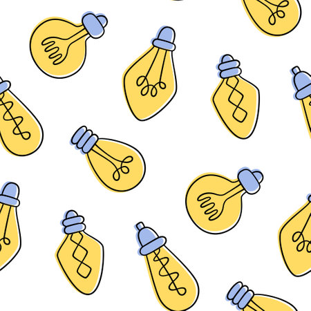 Hand drawn light bulbs seamless pattern. Yellow loft lamps in doodle style. Vector illustration on white backgroundのイラスト素材