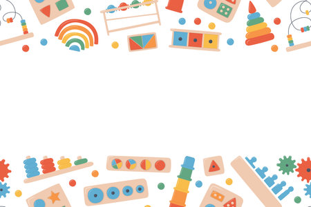 Children wooden toys for Montessori games. Education logic toys for preschool kids. Montessori system for early childhood development. Vector backgroundのイラスト素材
