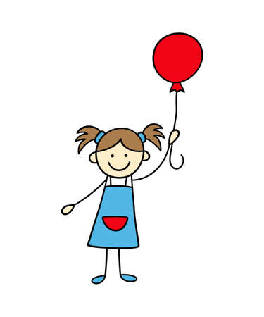 Funny little girl holds a balloon. Cute kid drawing. Hand drawn vector illustration in doodle style on white backgroundのイラスト素材