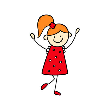 Funny little girl in a red dress with her hands up. Cute kid drawing. Hand drawn vector illustration in doodle style on white backgroundのイラスト素材