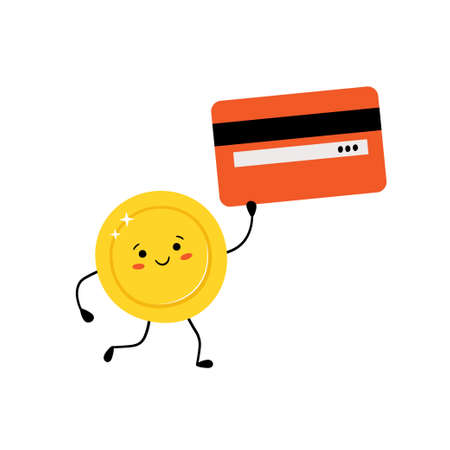 Cute gold coin with a credit card in hand. Money coin character in kawaii style isolated on white background. Vector illustrationのイラスト素材