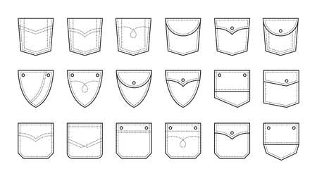 Set of patch pocket icons for denim pants and other clothing. Isolated line vector illustration on white backgroundのイラスト素材