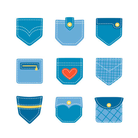 Set of hand drawn denim patch pockets for pants and other clothing. Isolated cartoon vector illustration on white backgroundのイラスト素材