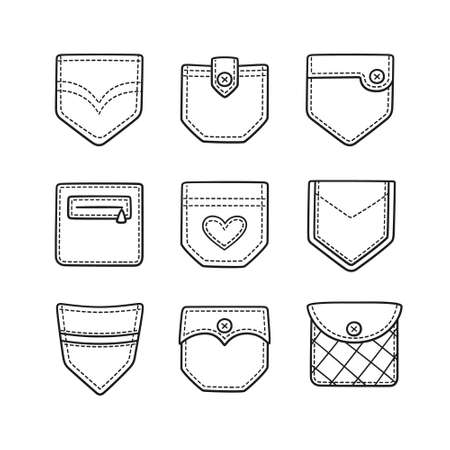 Set of hand drawn denim patch pockets for pants and other clothing. Isolated doodle vector illustration on white backgroundのイラスト素材