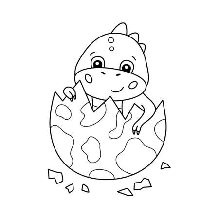 Cute little dinosaur hatches from an egg. Dino for kid coloring book. Baby tyrannosaurus. Children puzzle game. Black and white cartoon isolated vector illustration on white backgroundのイラスト素材