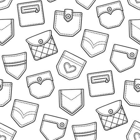 Seamless pattern with hand drawn denim patch pockets. Doodle vector illustration on white backgroundのイラスト素材