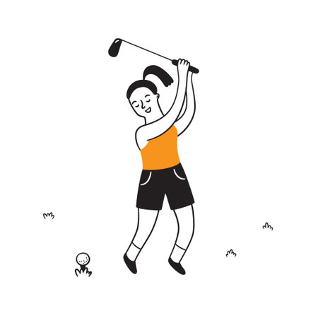 Hand drawn golf player with club. Golfer in doodle style. Isolated vector illustration on white backgroundのイラスト素材