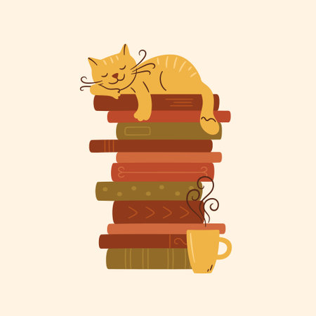 A stack of books with a sleeping cat and cup of hot tea. Cute kitty sleeping on books pile. Vector illustration on white background.のイラスト素材