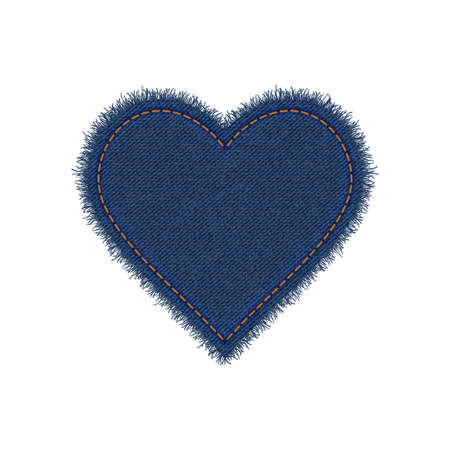 Denim heart shape with seam. Torn jean patch with stitches. Vector realistic illustration on white background.のイラスト素材