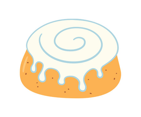 Cinnamon roll with sugar glaze. Swirl kanelbulle bun. Traditional dessert in Scandinavia and North America. Hand drawn isolated vector illustration on white background.のイラスト素材