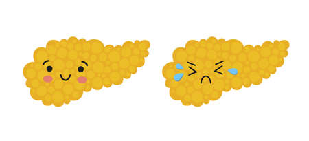 Happy and crying character of pancreas. Drawing of health and sick pancreas. Isolated vector illustration on white background.のイラスト素材