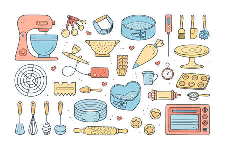A set of tools for making cakes, cookies and pastries. Doodle confectionery tools - planetary stationary dough mixer, baking pans and pastry bag. Hand drawn vector illustration on white background.のイラスト素材