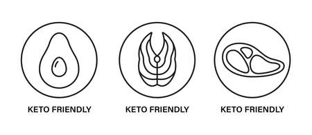 Keto friendly stamp. Healthy eating, ketogenic, paleo and low carb high fat diet icons. Avocado, tuna and meat steak. Isolated vector illustration on white background.のイラスト素材