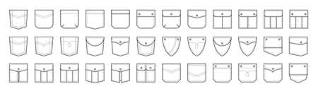 Set of patch pocket icons for pants, t-shirts and other clothing. Isolated linear vector illustration on white background.のイラスト素材