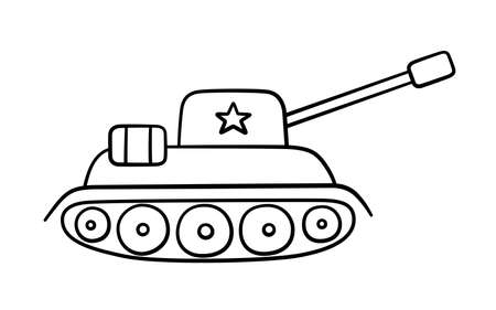 Hand drawn military tank with star. Children drawing of a war tank. Vector illustration isolated on white background.のイラスト素材
