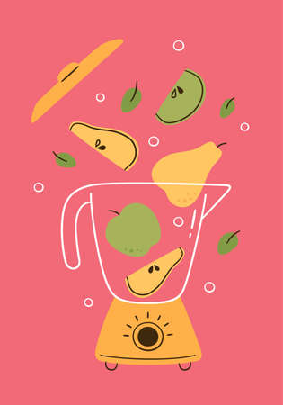 Concept of a blender for fruit smoothie. Food processor or electric mixer makes pear and apple cocktail. Healthy morning breakfast. Hand drawn food poster. Vector illustration in doodle style.のイラスト素材