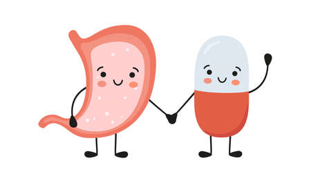 Healthy stomach and happy smiling medicine pill characters hold hands. Kawaii medicine capsule and cute stomach characters. Help with gastritis. Vector isolated illustration on white background.のイラスト素材