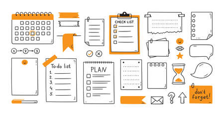Hand drawn memo paper sheets, sticky note, reminder, to do list, calendar. Bullet journal elements in doodle style. Vector illustration in white background.のイラスト素材